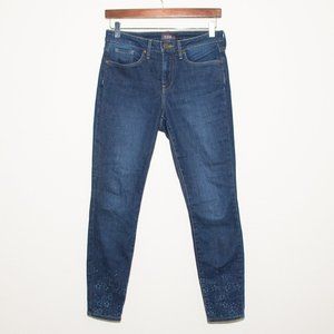 NYDJ Womens AMI Skinny Ankle Jeans Dark Wash Blue with Ankle Flower Design